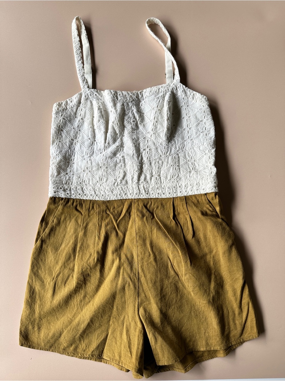 Anthropologie White Eyelet Top with Mustard Shorts Romper
